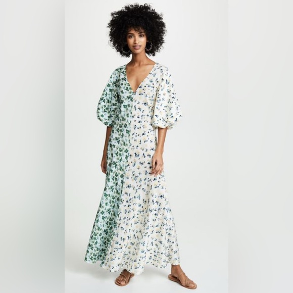 Lee Mathews Eloise Contrast Two-Tone Floral Maxi w/ Puff Sleeves - Picture 7 of 10